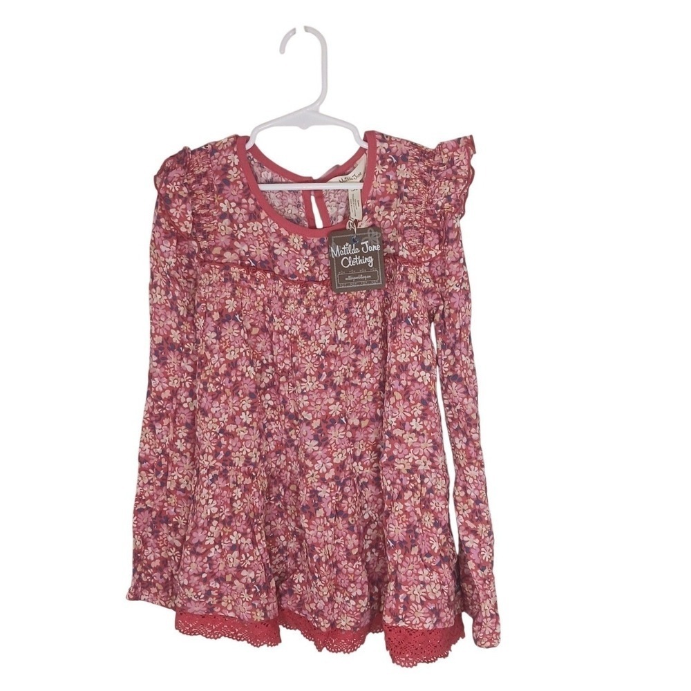 NWT Matilda Jane Girls Size 10 Pink Floral Ruffle Lace Hem Rayon Boutique Top - Picture 1 of 7